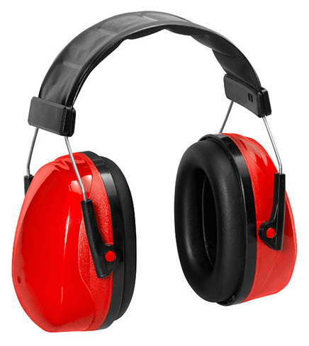 Red over-the-head earmuffs with a black headband