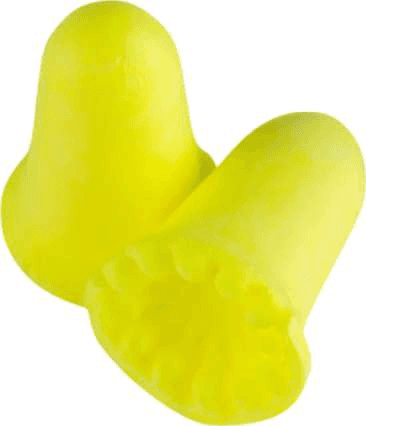 A pair of yellow foam earplugs