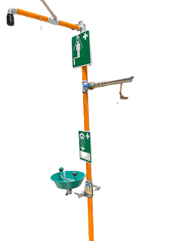 Pedestal eye wash bowl on a combined emergency shower stand
