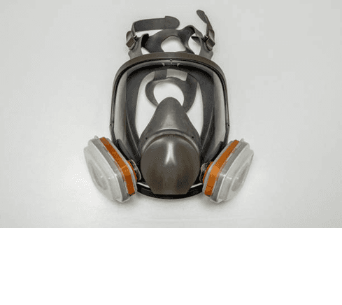 Full-face respirator with a clear visor and twin filter cartridges
