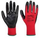 Pair of red work gloves with black palm coating