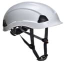 White safety helmet with a chin strap
