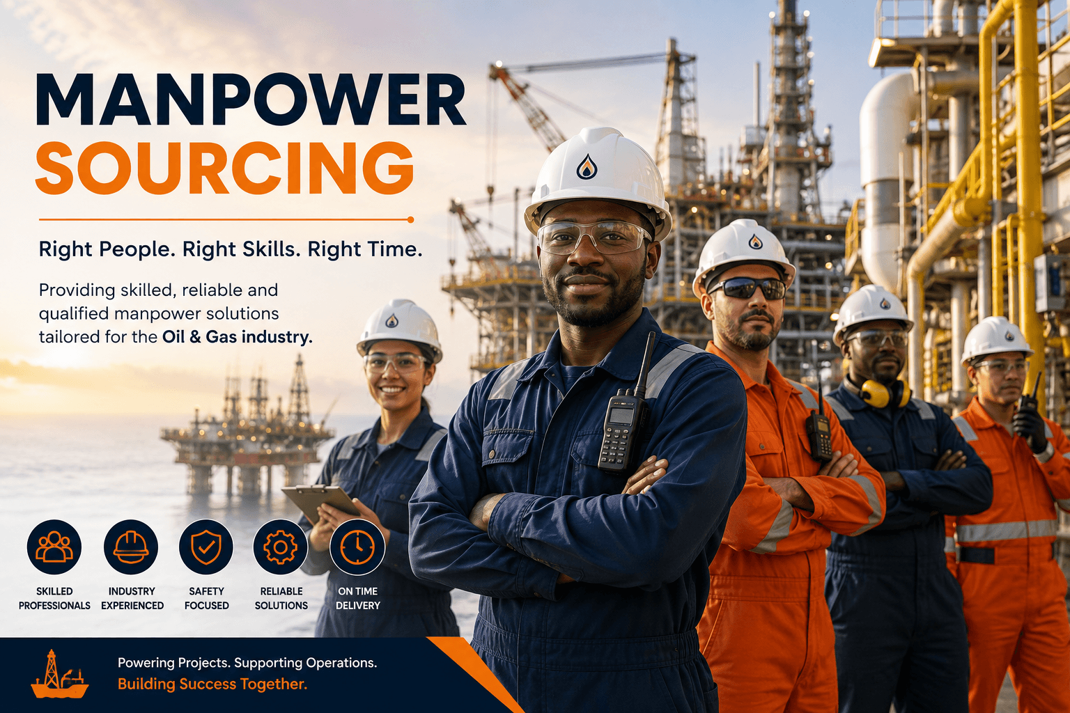 Graphic headed 'Manpower Sourcing' showing five oil and gas workers in coveralls and hard hats in front of an offshore platform