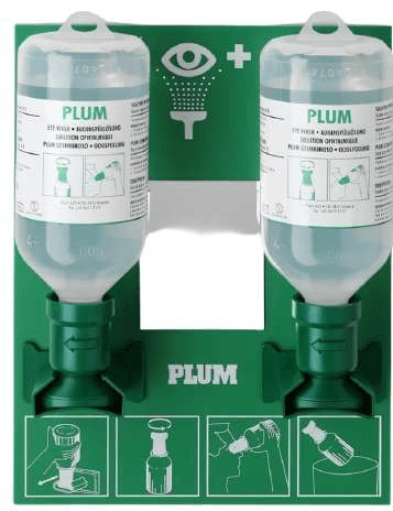 Wall-mounted station holding two bottles of eye wash solution