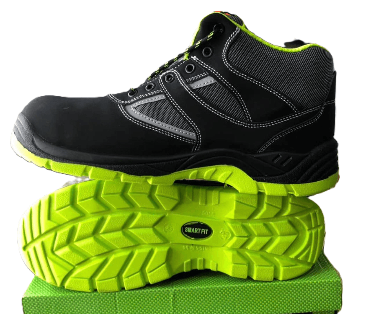 Black and grey safety shoe with a yellow-green sole