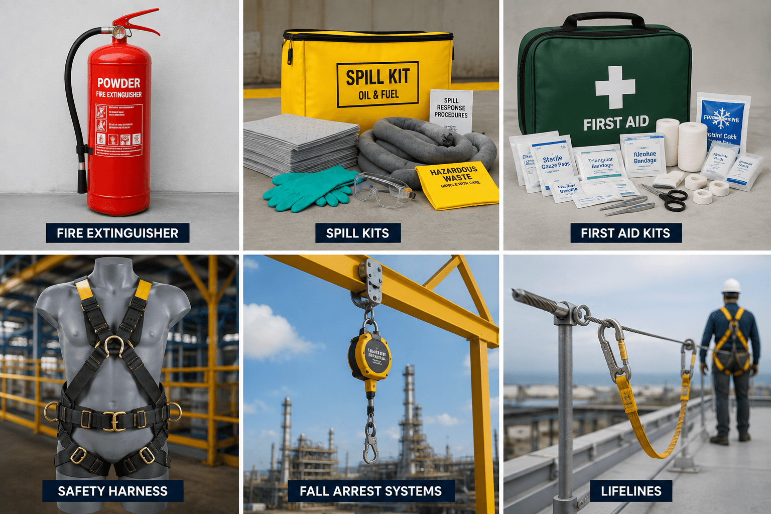 Six panels of site safety equipment: a fire extinguisher, a spill kit, a first aid kit, a safety harness, a fall arrest block and a lifeline