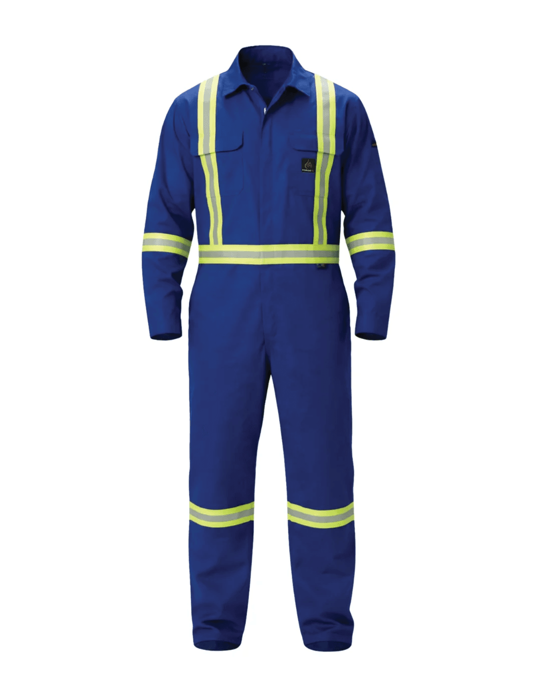 Navy flame-resistant coverall with reflective bands on the arms and legs